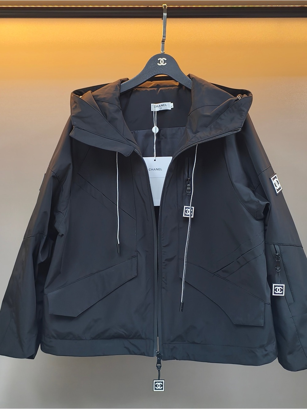 CHANEL Black Hooded Logo Zip Jacket with White Trim
